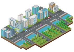 Isometric Building vector.They are on Yard with road and trees.smart city and public park.building 3d,cars,capital , Vector office and metropolis concept.