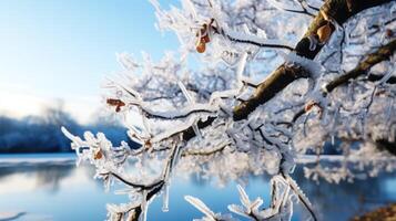 invierno paisaje mostrando incrustado de hielo árbol ramas brillante debajo el rígido escarchado luz de sol foto