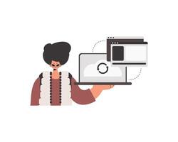 The individual is holding a tablet in which data is being synchronized. Compelled. Trendy style, Vector Illustration