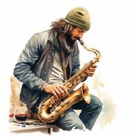 Set of Artistic portrait of a playing acoustic guitar, electric guitar, drums, singer songwriter, saxophone, synthesizer. Men painted in watercolor. photo