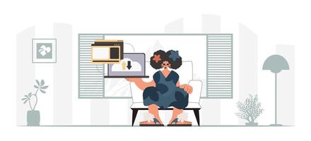 A woman is sitting in front of a computer screen vector