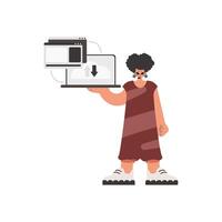 The energized lady is holding a tablet in which information is being synchronized. Kept. Trendy style, Vector Illustration