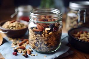 AI Generative Healthy breakfast Fresh granola muesli in a glass jar copy spaceOrganic oatalmond and sunflower seeds photo