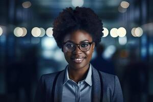 de cerca de contento mujer de negocios mirando a cámara y sonriente en oficina africano americano hembra empresario en oficina, negocio mujer,generada con ai foto