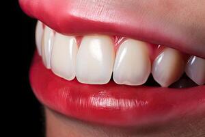 mujer sonriente de cerca sonriente, hermosa dientes en contra resumen fondo, dientes blanqueo. dental clínica paciente foto