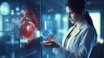 Female doctor touchstone virtual heart in hand hand drawn human organs Highlighting red is a symbol of disease. hospital treatment concept photo