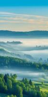 AI Generative Carpathian mountains summer sunrise landscape with foggy rive panoramic viewr photo