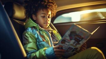 Little boy reading a magazine in a car photo