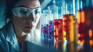 Female researcher working in a science laboratory Cropipette containing test tubes in a large modern laboratory photo