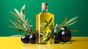 Olive oil in a bottle, green olives and olive tree branches ,Drop of oil splash. photo