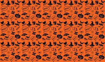 Halloween festive seamless pattern. Endless background with pumpkins, skulls, bats, spiders, ghosts, bones, candies, spider web and speech bubble with boo.Halloween vector seamless pattern