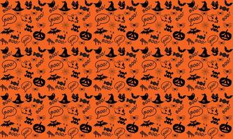 Halloween festive seamless pattern. Endless background with pumpkins, skulls, bats, spiders, ghosts, bones, candies, spider web and speech bubble with boo.Halloween vector seamless pattern