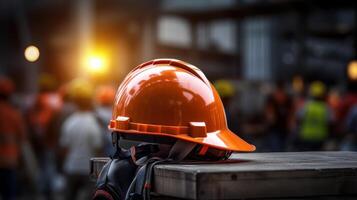 Safety Construction helmet on Table, Hard Cap, Construction Site Blur Background. photo