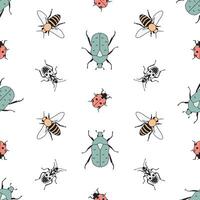 Seamless pattern with various bugs. Firebug, ant, flower chafer, honey bee, ladybug on white background vector