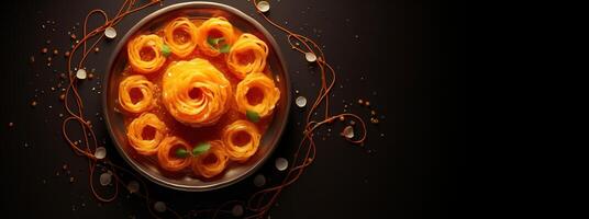 Generative AI, Jalebi, imarti, imarati, paneer jalebi or zulbia, Indian sweet food. photo