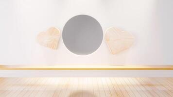 Scene empty room with circle and heart wood ideas. japanese room interior. Circle shelf wall design empty Living room japanese style room. Mock up Designe specifically. 3D rendering video