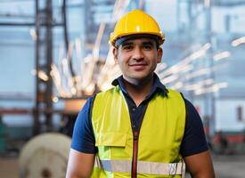 retrato pesado industria ingeniero masculino trabajador vistiendo la seguridad chaleco y casco de seguridad sonriente en cámara. en el antecedentes desenfocado grande industrial generado por factory.ai. foto