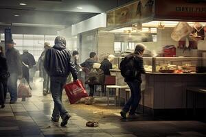 personas tienda en Milán. Milán es el capital y el mas grande ciudad de Italia. cliente en un ocupado comida Corte en un alto crimen área, esperando para su comida a ser escogido arriba, ai generado foto