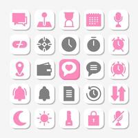 Essentials icons in glyph style for user interface, mobile and website design. Including time, notification, callendar, microphone, timer, alarm, and others. vector