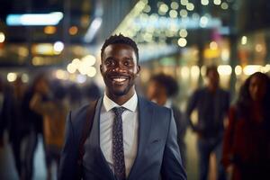 retrato de contento africano americano empresario caminando en calle a noche, sonriente negro gerente en moderno ciudad rodeado por borroso gente. foto