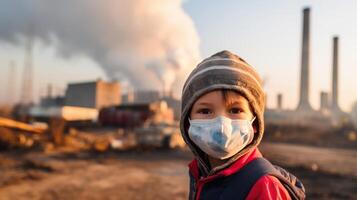 niños vistiendo mascaras a evitar aire contaminación detrás es el fábrica chimenea. foto