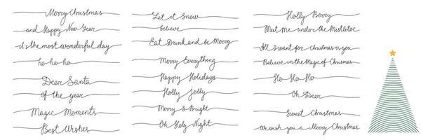 Collection of Christmas short phrases as one line continuous text. Line art Christmas text set. Handwriting Christmas text banner. Vector illustration.