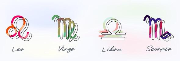 conjunto zodíaco señales, vistoso zodiacos, íconos para el diseño de esotérico con constelaciones, astrológico mapas, calendarios vector elementos en blanco antecedentes. León, Virgo, Libra, Escorpión.