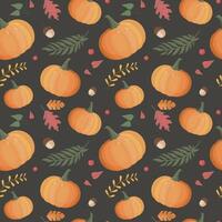 Autumn pattern with pumpkin, leaves. Autumn background, vector seamless pattern.