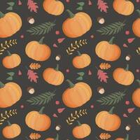 Autumn pattern with pumpkin, leaves. Autumn background, vector seamless pattern.