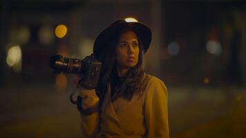 estilo de vida retrato de elegante joven mujer vistiendo un sombrero participación cámara video