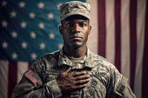 American soldier in uniform standing tall and saluting, with the American flag in the background. photo