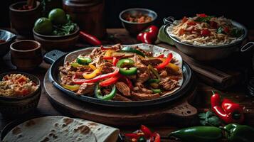 Fujitas with meat and pieces of red and green peppers on a wooden plate with blurred background, photo