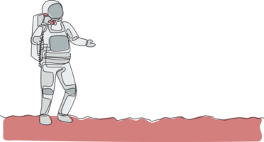 een single lijn tekening van kosmonaut in maan oppervlakte maken een noodgeval telefoontje naar collega illustratie. astronaut bedrijf kantoor met buitenste ruimte concept. modern doorlopend lijn trek ontwerp png