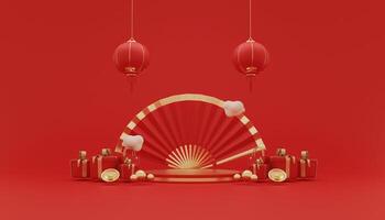 happy chinese new year, empty podium with gift box and decoration curtain , lantern, concept for year of the rabbit,lunar, bunny, stage chinese new year on red background. 3d rendering photo