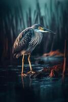 AI Generative Blackcrown night heron nycticorax nycticorax stood on edge of river bank wetlands in grass reeds photo