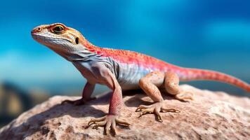 AI Generative Bluetailed skink lizard stood on a stone rock in rural countryside garden sunbathing photo