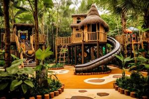 AI Generative Chlildrens climbing frame with slide on sand in tropical hotel resort kids playground photo