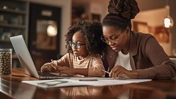 AI Generative African American young mother and little daughter sit at desk in kitchen studying online together biracial mom and small girl child handwrite do homework learning at home homeschoo photo