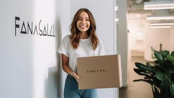 AI Generative Close up view of new female employee intern holding cardboard box with belongings start finish job in company office busnesswoman newcomer worker get hired fired on first last day photo