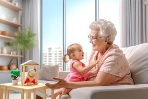 AI Generative Cute small granddaughter whisper something in granny ear grandmother and grandchild share secrets having sincere talk at home grandma and little girl have fun at home together laug photo