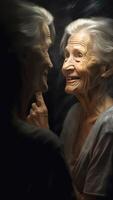 AI Generative Happy old woman love touching her skin on face Delighted elderly female enjoy herself reflection in mirror looking at camera Studio headshot isolated on gray background Skin care cosmeto photo