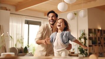 AI Generative Happy young parents have fun playing with little preschooler excited daughter rest together in living room smiling family with small kids dancing moving listen to music enjoy weeke photo