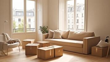 AI Generative Packed cardboard boxes with young man sitting on sofa in living room calling delivery service at background belongings in carton containers waiting for moving in out new home or relocati photo