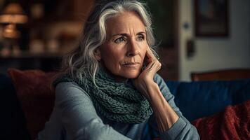 AI Generative Pensive thoughtful middle aged lady looking away sit alone at home feel anxious lonely sad depressed melancholic old mature woman suffer from sorrow grief thinking of problem suffe photo