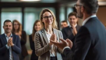 AI Generative Smiling female boss promoting rewarding handshaking motivated worker showing respect while team applauding congratulating colleague at group meeting appreciation and employee recog photo