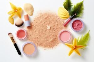 Top view of makeup products set on white background, summertime concept, by AI Generated. photo