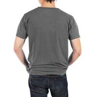 Close up of man in back grey shirt on white background. photo