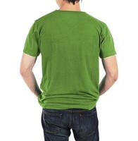 Close up of man in back green shirt on white background. photo