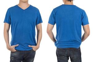 Close up of man in front and back blue shirt on white background. photo