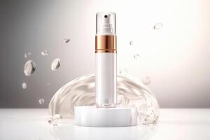 Moisturizer dropper in bottle on the podium, white background, by AI Generated. photo
